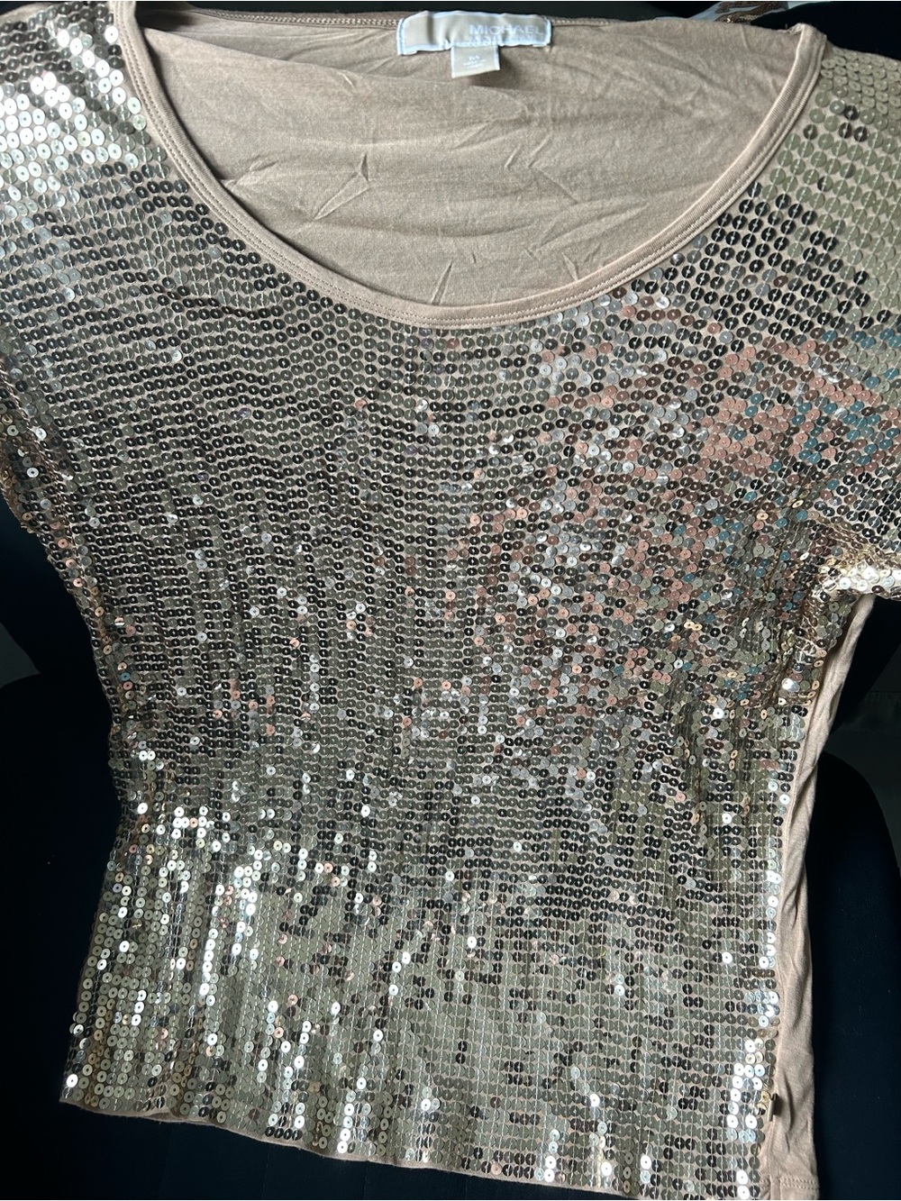 Michael Kors Gold Sequin Short Sleeve Scoop Neck Top